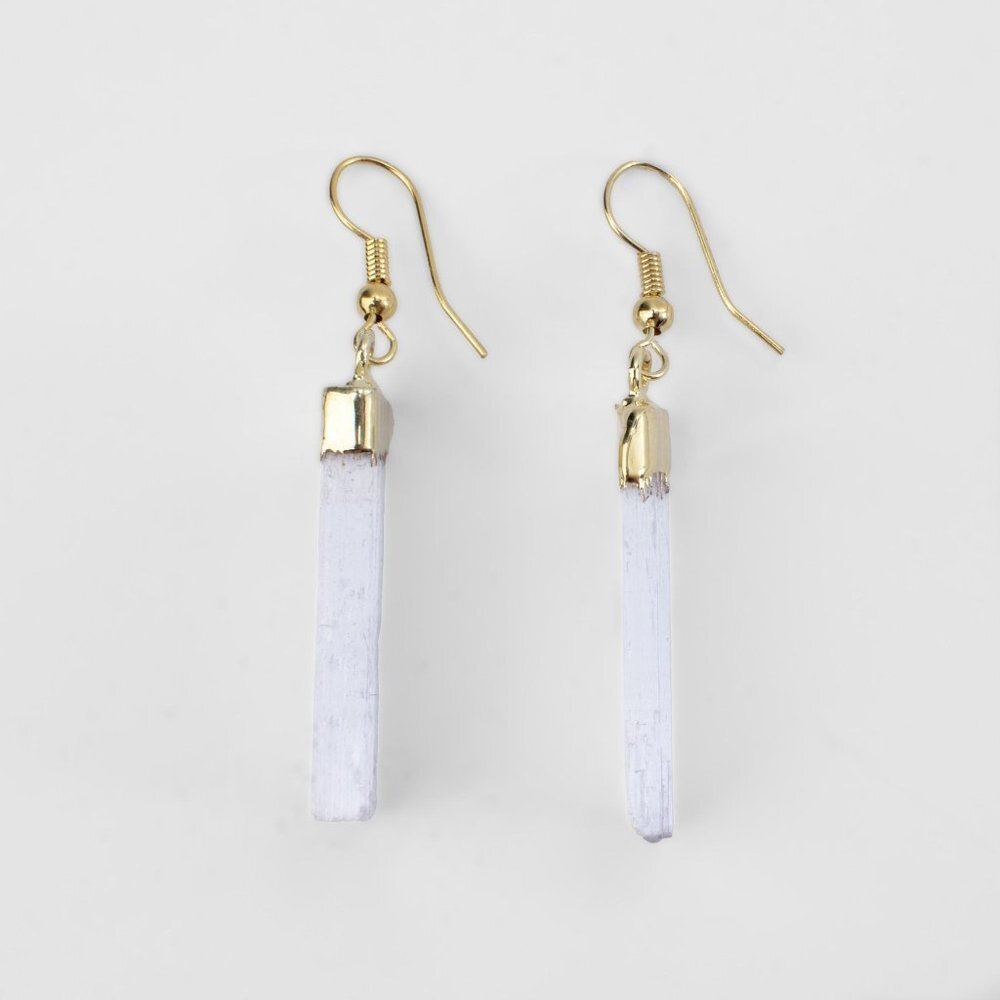 Selenite White Earrings Gold Tone Dipped Crystal Women Healing Gemstone Jewelry - Picture 7 of 10